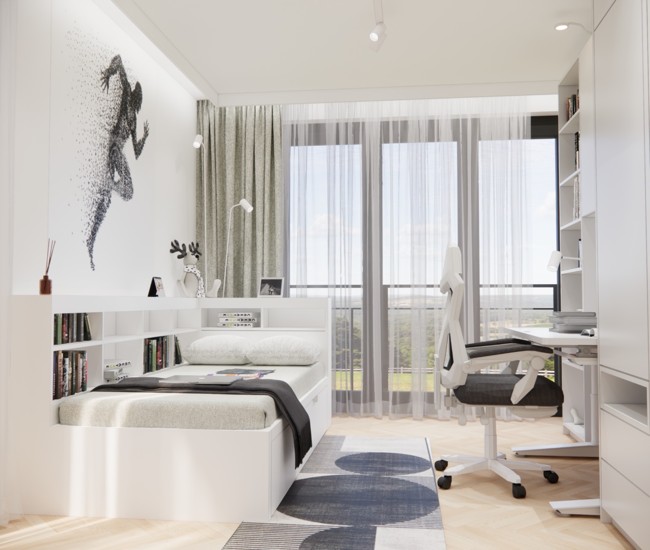 Aranżacja pokoju nastolatki – jasne wnętrze z łóżkiem, dekoracyjnym obrazem i dużym oknem z zasłonami.